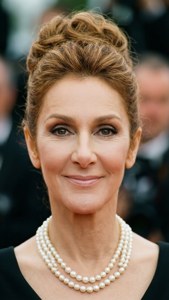 Celine Dion 在正式活動中佩戴珍珠和優雅的盤髮造型。