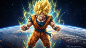 超級賽亞人悟空在太空中於地球上方散發能量