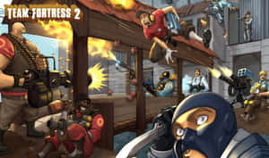 《Team Fortress 2》角色在戰鬥中開火並發生爆炸。
