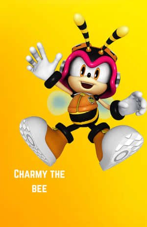 Charmy the Bee 角色在黃色背景前揮動發光的翅膀。 — Galaxy Z Fold 8 壁紙