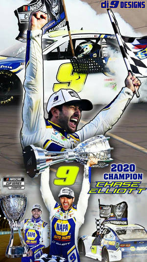 Chase Elliott 以獎盃和格子旗慶祝NASCAR錦標賽勝利。 — 勝利 壁紙