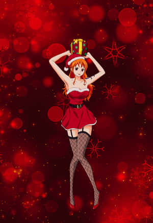 動漫女孩穿著紅色聖誕老人服裝，在紅色節日背景上將禮物盒平衡在頭上。 — iPhone Duo 壁紙