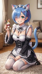 有貓耳的動漫女孩在室內穿著女僕裝抱著小貓咪