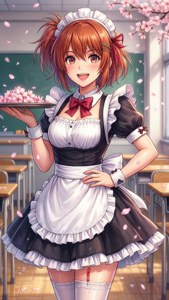 動漫女僕在學校教室裡拿著櫻花托盤，花瓣飄落。