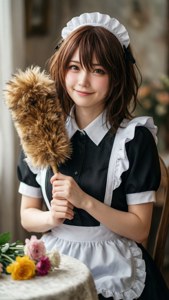 一位微笑的女傭身穿制服，在花桌旁手持除塵撣。