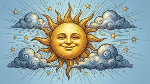 一個帶有金色光芒的笑臉太陽，被雲朵和星星環繞在藍天中。