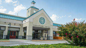Chesapeake Square 購物中心，米色石牆和粉紅色開花灌木。 — 維吉尼亞 壁紙