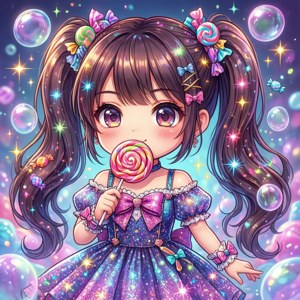 穿著閃亮裙子的動漫女孩，手持巨大棒棒糖，伴隨著漂浮的泡泡和星星。 — Pixel Watch 4 壁紙