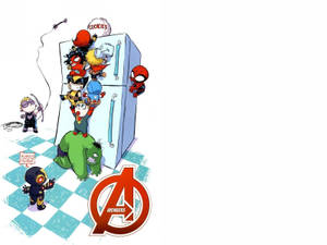 Chibi Avengers 角色在方格地板的廚房中爬上冰箱。 — 可愛 壁紙