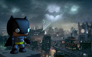 Chibi Batman 在屋頂上俯瞰夜晚雨中的高譚市。 — Funko Pop 壁紙
