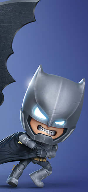 Chibi Batman 身穿銀色盔甲，眼睛發光，披著蝙蝠標誌斗篷。 — iPhone Xs Max 壁紙