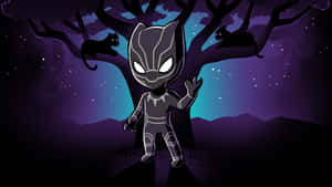 Chibi Black Panther 在繁星點點的夜空下，貓咪在樹枝上。 — 黑豹 壁紙