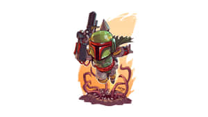 Chibi Boba Fett 從爆炸中躍起，高舉爆能槍。 — 酷炫星際大戰 壁紙