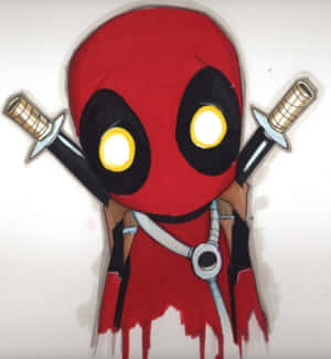 Chibi Deadpool 手持兩把劍，眼睛發光，滴著血。 — 動力 壁紙
