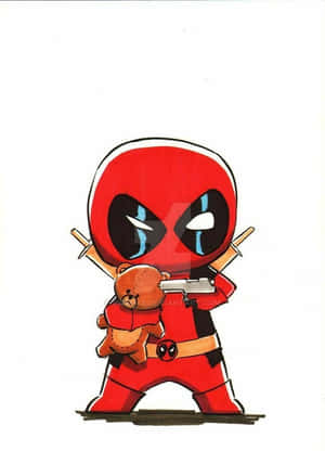 Chibi Deadpool 手持泰迪熊和槍，背後有劍。 — 死侍 壁紙