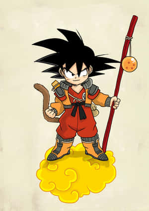 Chibi Goku 站在黃色雲上，手持帶有龍珠的杖。 — 七龍珠超 布羅利 壁紙