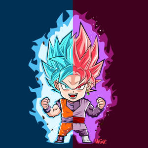 Chibi Goku 分成藍色和紅色兩半，帶有發光的能量。 — 黑玫瑰 壁紙