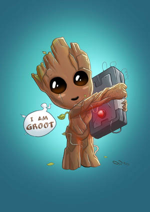 Chibi Groot 手持一個發光的裝置，上面有個對話氣泡寫著 I am Groot。 — OnePlus Pad 4 壁紙