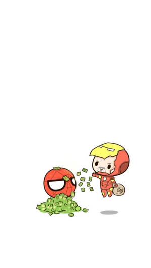 Chibi Iron Man 將錢扔向一個蜘蛛人頭附近的堆疊。 — 可愛 壁紙