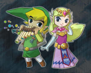 Chibi Link 吹奏陶笛，Zelda 穿著奇幻服裝站在他旁邊。 — 薩爾達傳說 � Breath of the Wild 壁紙