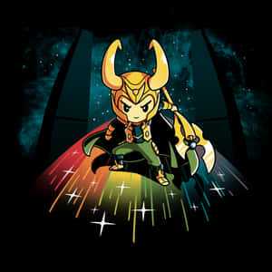 Chibi Loki 帶著發光的角和斗篷，站在太空中的彩虹光束上。 — 塔橋 壁紙