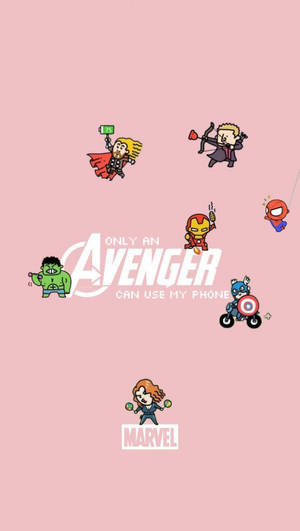 Chibi Avengers 角色漂浮在文字周圍，文字說只有復仇者才能使用我的手機。 — 粉紅色 壁紙