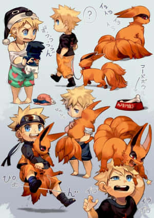 Chibi Naruto 和他的橙色九尾狐同伴以俏皮的姿勢。 — 小莫娜 壁紙