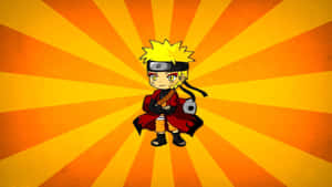 Chibi Naruto 穿著紅色斗篷，背景為橙色太陽爆發 — 漩渦鳴人 壁紙