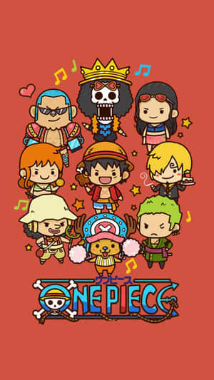 Chibi One Piece 動漫角色，帶有音符和星星，背景為紅色。 — 海賊王 壁紙