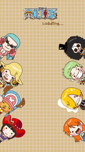 Chibi One Piece 角色在方格背景上圍繞載入畫面。 — 航海王 手機 壁紙