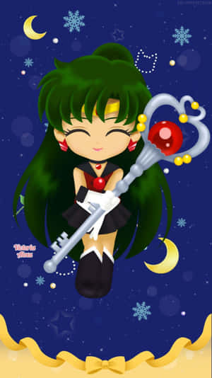 Chibi Sailor Jupiter 在滿天星斗的冬日天空下，手持她的鑰匙杖，周圍有雪花和月亮。 — 迪士尼 布魯托 壁紙