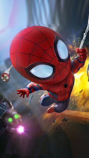 Chibi Spider-Man 在燃燒的戰鬥中擺盪，躲避雷射光束。