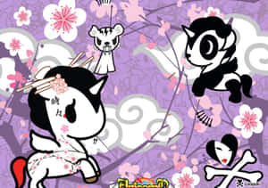紫色背景上櫻花中的 Chibi Tokidoki 角色。 — 卡通 壁紙
