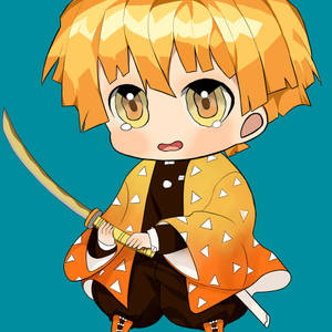 動漫 Chibi 男孩，橙色頭髮，橙色和服，配劍。 — 善逸大頭貼 壁紙