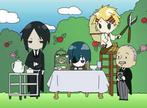 Chibi 動漫角色在戶外與玫瑰和梯子一起喝茶。 — 暗黑地牢 壁紙