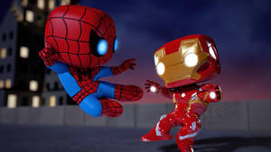 Chibi 蜘蛛人與鋼鐵人在夜間城市上空擺出動作姿勢。 — Funko Pop 壁紙