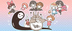 Chibi 風格的吉卜力角色在漸變背景上快樂地漂浮。 — 快樂的豐收節 壁紙