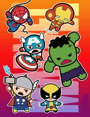 Chibi Marvel超級英雄在色彩繽紛的漸變背景上擺出動作姿勢。 — 漫威標誌 壁紙