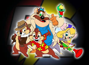 Chip Dale 和朋友們以色彩繽紛的卡通姿勢和發光輪廓出現。 — Line Friends 壁紙