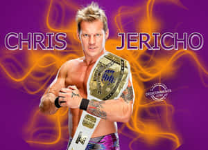 摔角手 Chris Jericho 在紫色背景上手持帶有發光橙色漩渦的冠軍腰帶。 — 摔角 壁紙