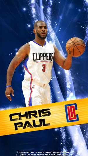 Chris Paul 身穿快艇隊制服，在宇宙背景和黃色橫幅下手持籃球。 — 克里斯·保羅 壁紙