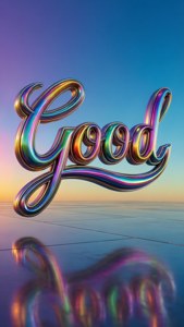 彩虹色3D字「Good」在日落時反射在玻璃狀表面上。 — 優質 GIF 壁紙