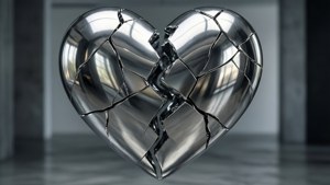 現代工業環境中的破碎鍍鉻心形雕塑 — 心碎 壁紙