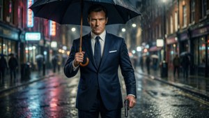 穿西裝的男人在雨中的城市街道上拿著雨傘和槍。