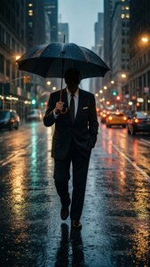 穿西裝男子撐傘在雨夜城市行走，街燈映照在濕漉漉的人行道上。