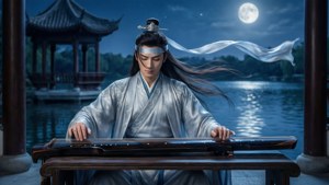 身穿傳統長袍的男子在滿月下於湖邊彈奏古箏