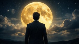穿西裝的男人看著星空中的巨大滿月