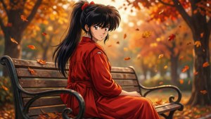 穿著紅色和服的動漫女孩坐在公園長椅上，被飄落的秋葉包圍。
