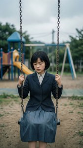 一個穿著校服的女孩獨自坐在遊樂場的鞦韆上。