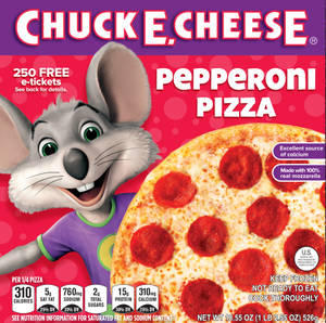 Chuck E Cheese 吉祥物旁邊有義大利辣香腸披薩和營養資訊。 — 查克芝士 壁紙